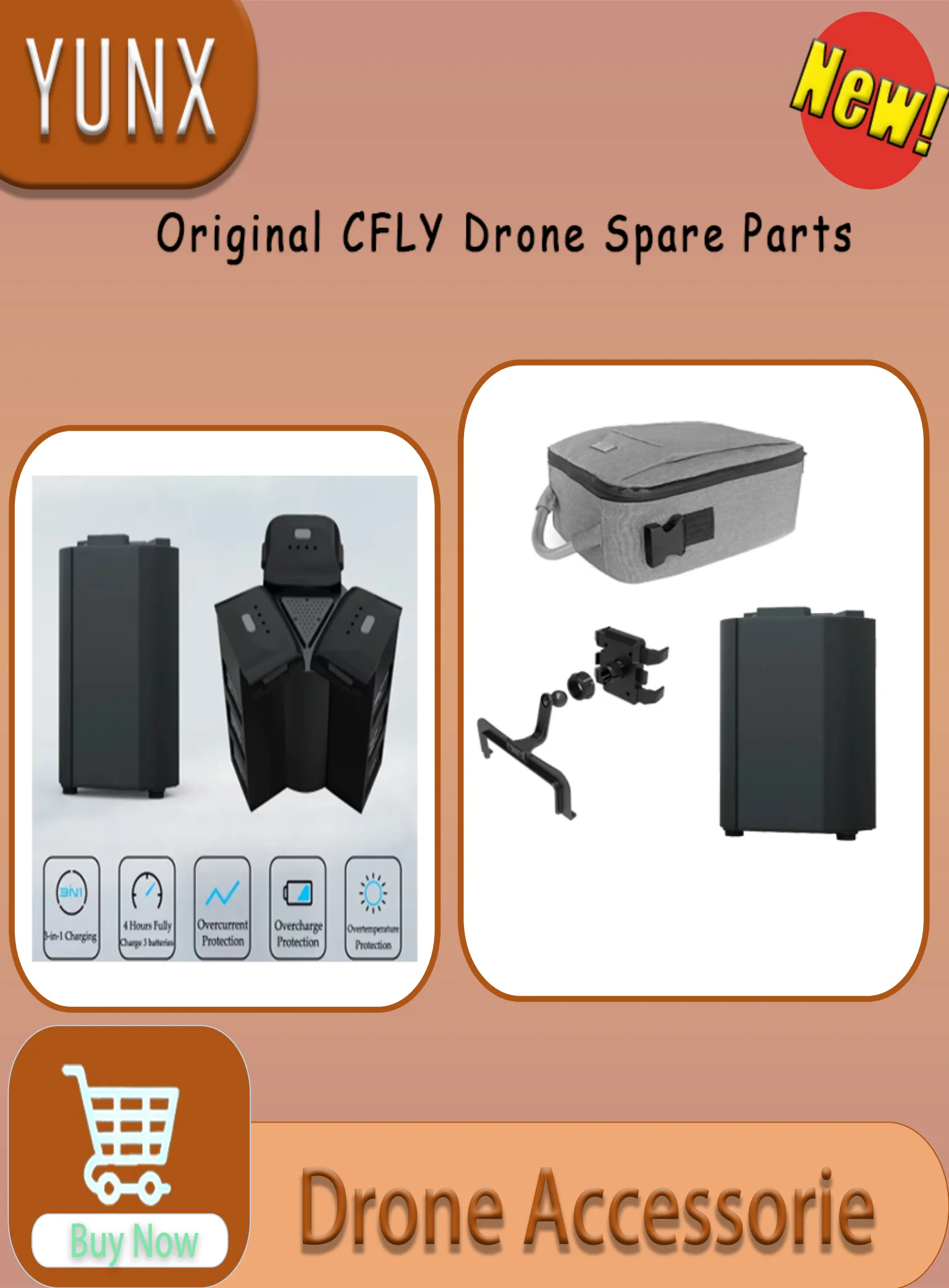 

Комплект зарядных устройств для дронов YUNX с сумкой для хранения и держателем для телефона, совместимый с квадрокоптерами CFLY Faith 2/2S Arno SE/Plus