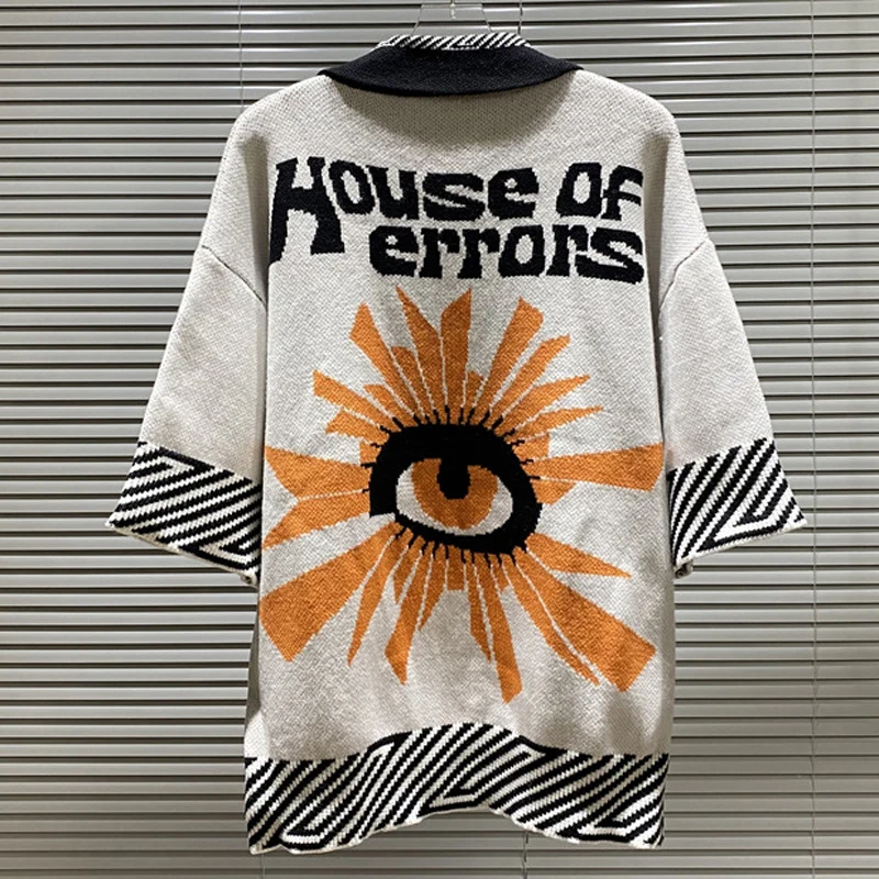 

High Street Men's Clothing House of Errors Sweater Casual Lapel Pullover Embroidery Pattern Knitting Half-sleeve Polo Shirt