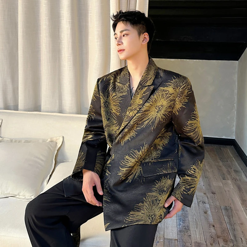 IEFB Niche Design Men\'s Blazers Printing Turn-down Collar Lace-up Loose Male Contrast Color Suit Korean Style 2024 New 9C7397