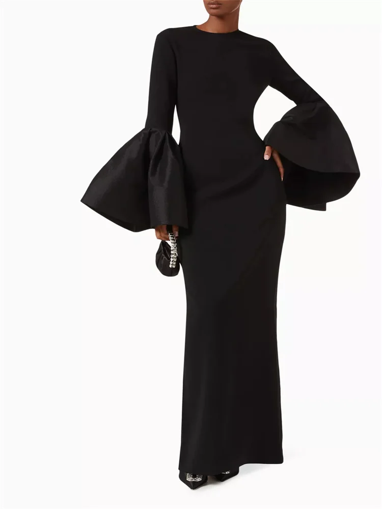 Customized Round Neckline Long Sleeves Flared Cuffs Straight Evening Dress Back Zipper Floor Length Rear Slit Gown For Women