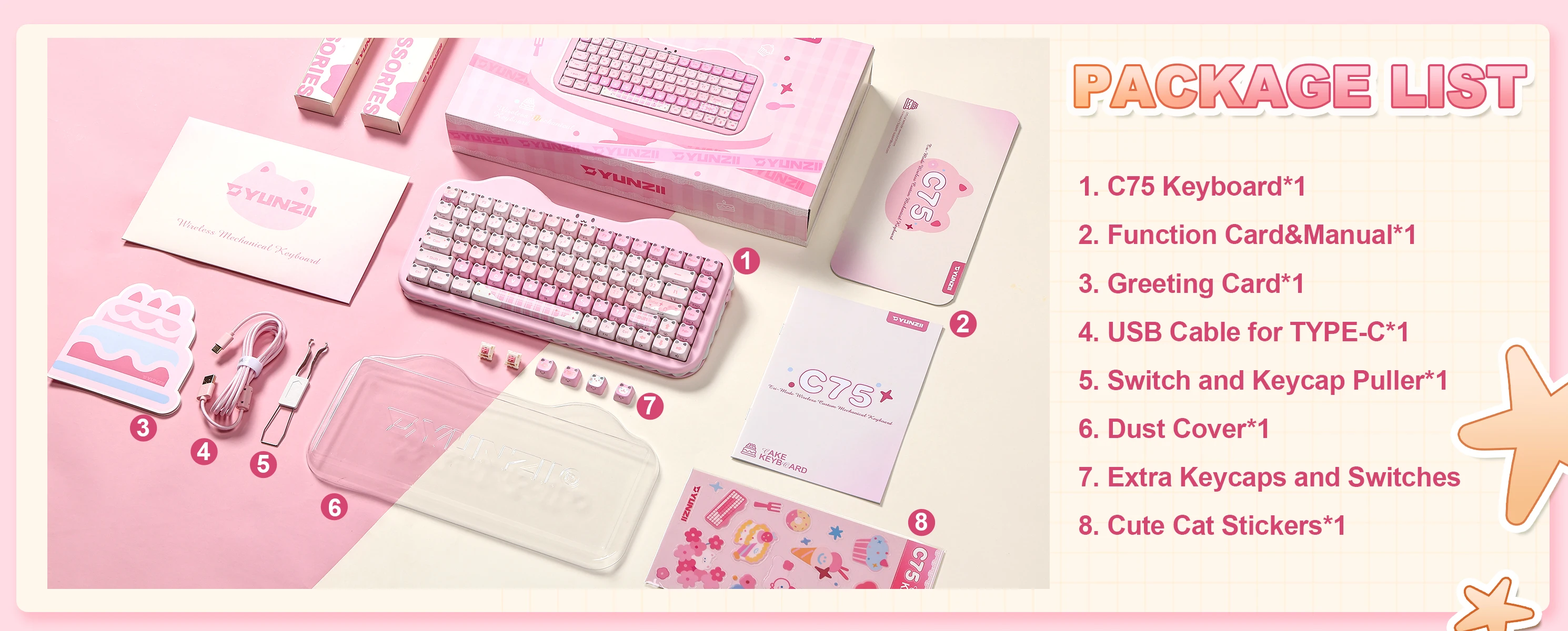 YUNZII C75 MAO Edition Mechanical Keyboard,Cute Ear Translucent Keycap,Wireless 75% NKRO Keyboards,RGB Cake Design for Win/Mac