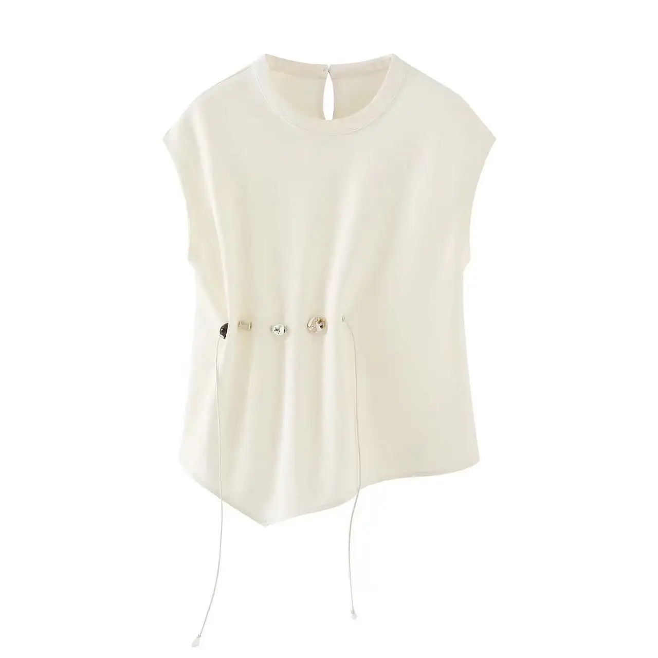 Dave&di Round Neck Sleeveless Short Sleeved Shirt With Vintage Style, Cinched Waist To Show Off Slimming Temperament, Paired