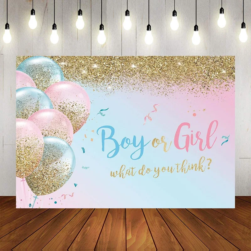 Boy or Girl Gender Reveal Backdrop Blue Pink Balloons Golden Dots Photography Background Surprise Baby Shower Party Banner Decor