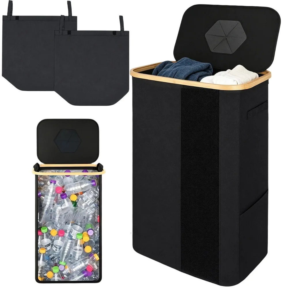 Poubelle pliable 110L avec couvercle et barre de verrouillage à ressort, incluant 2 poches intérieures lavables et filet anti-moisissure, bac de collecte à grande ouverture pour le recyclage en cuisine – Idéal pour le tri des déchets domestiques, la préparation du retour des bouteilles et le stockage anti-odeurs
