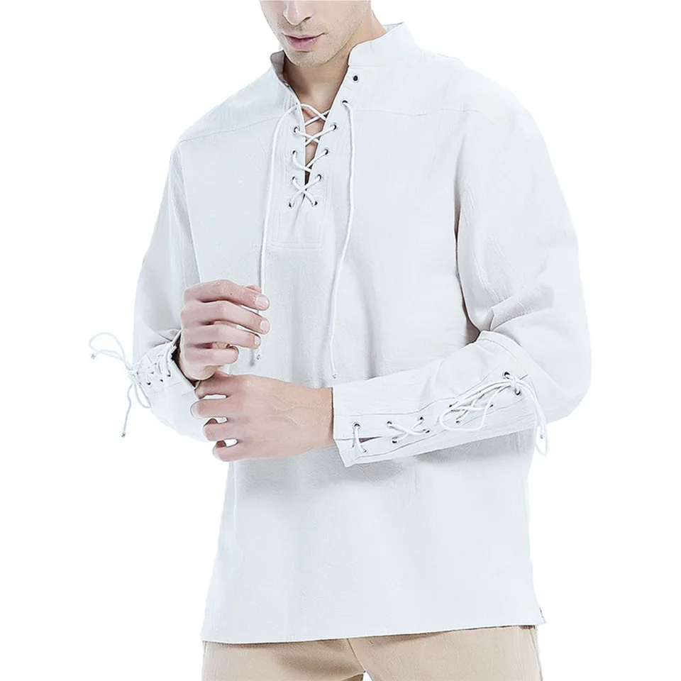 Generisch Camisa hippie de manga larga para hombre, disfraz de carnaval, camisa gótica con cordones, camisa de lino, manga corta, camisa de verano, camisas medievales, retro, azul claro, S