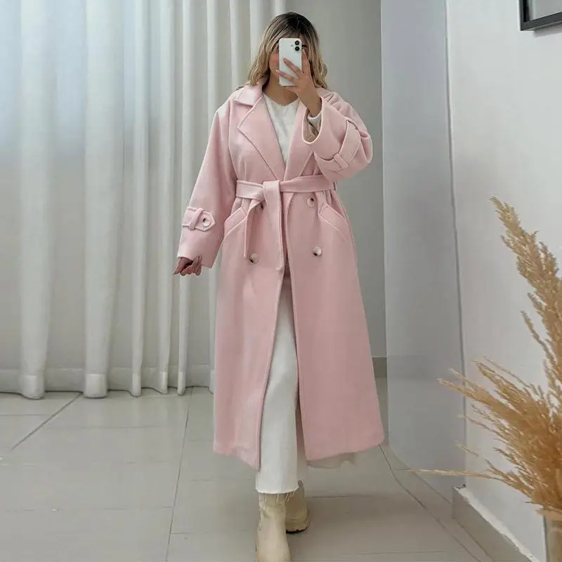 

Fall 2025 Women's Long Sleeve Loose Coat Pink Belted Elegant Style Cross-Border Fashion New Arrival Ladies' Windbreaker