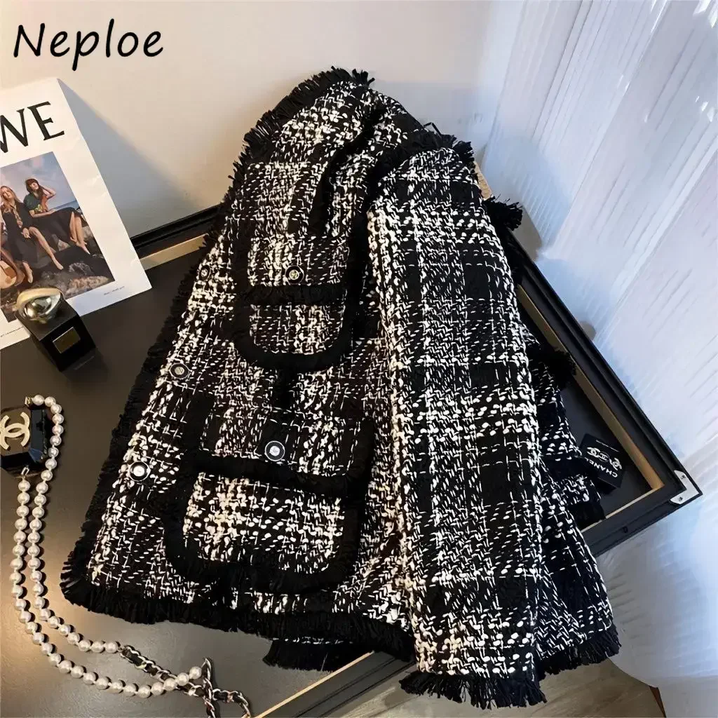 Neploe Elegant Tassels Minority Plaid Small Fragrance Coat All-match Advanced Vintage Outwears Women's Exquisite Button Jacket