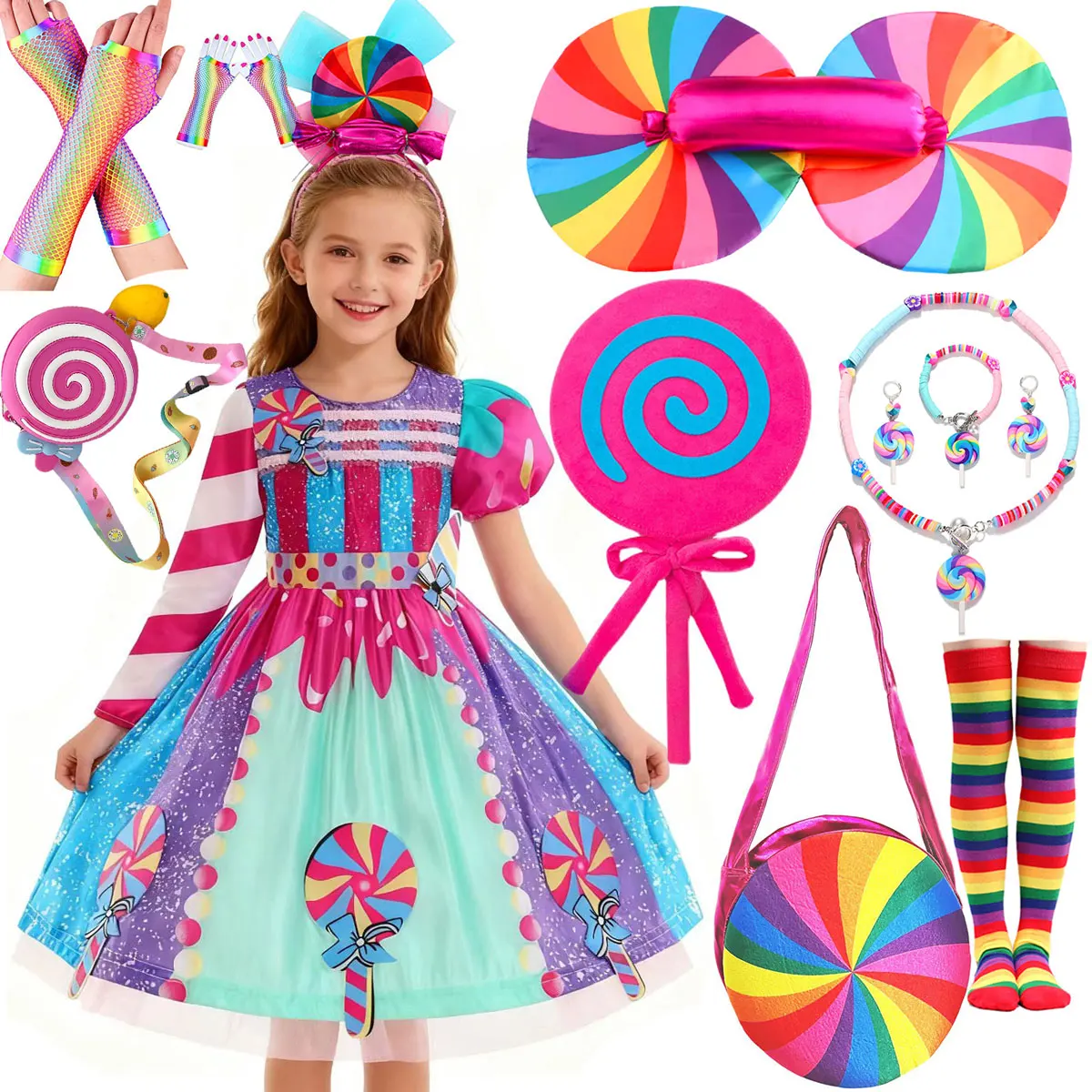 Classic Purim Carnival Party Gift For Girls Asymmetrical Long Short Sleeve Rainbow Candy Dress Christmas Vacation Cute Dress Set