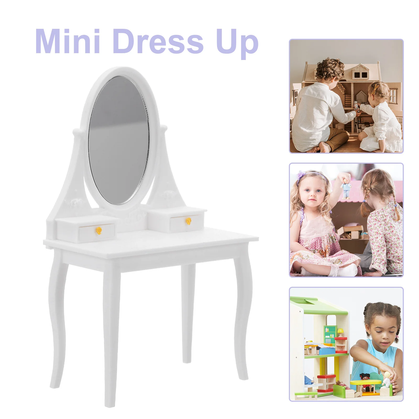 Mini-Kommode mit Spiegel: Realistischer Miniatur-Puppenhaus-Schminktisch im Vintage-Stil, Schlafzimmermöbel für Kinder, Spielset, Puppenhaus