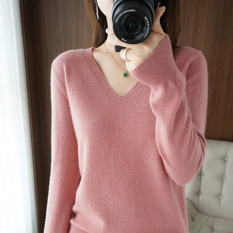 Autumn Winter V-neck Knitted Sweaters Woman Solid Color Casual Long Sleeve Knit Jumper Women Basic Bottoming Sweater Pullover