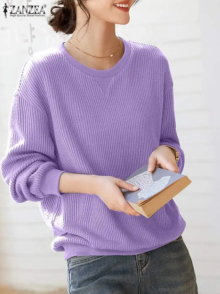 ZANZEA Long Sleeve Casual Loose Blouses Korean Fashion Ribbed Knitted Autumn Streetwear Sweatshirts Women O Neck Pullover Tops