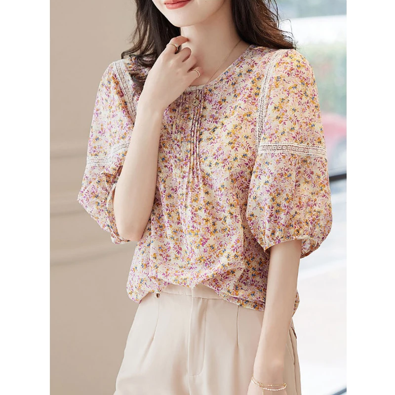 Women Lace Patchwork Chic Sweet Blouses Summer Trendy O Neck Half Sleeve Loose Shirts Korean Elegant Tops Blusa Mujer Moda 2023