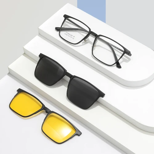 Imagen 2 del producto Gafas cuadradas 3 en 1 de titanio puro con borde completo para hombre, montura con Clip polarizado, gafas de sol y gafas de visión nocturna para mujer 93006
