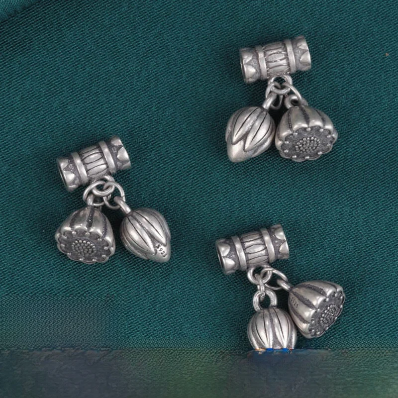 S925 Pure Silver Bla Lotus Bud Pendant Handmade Beading Material DIY Faion Jewelry Accories round Tube Vintage Sle