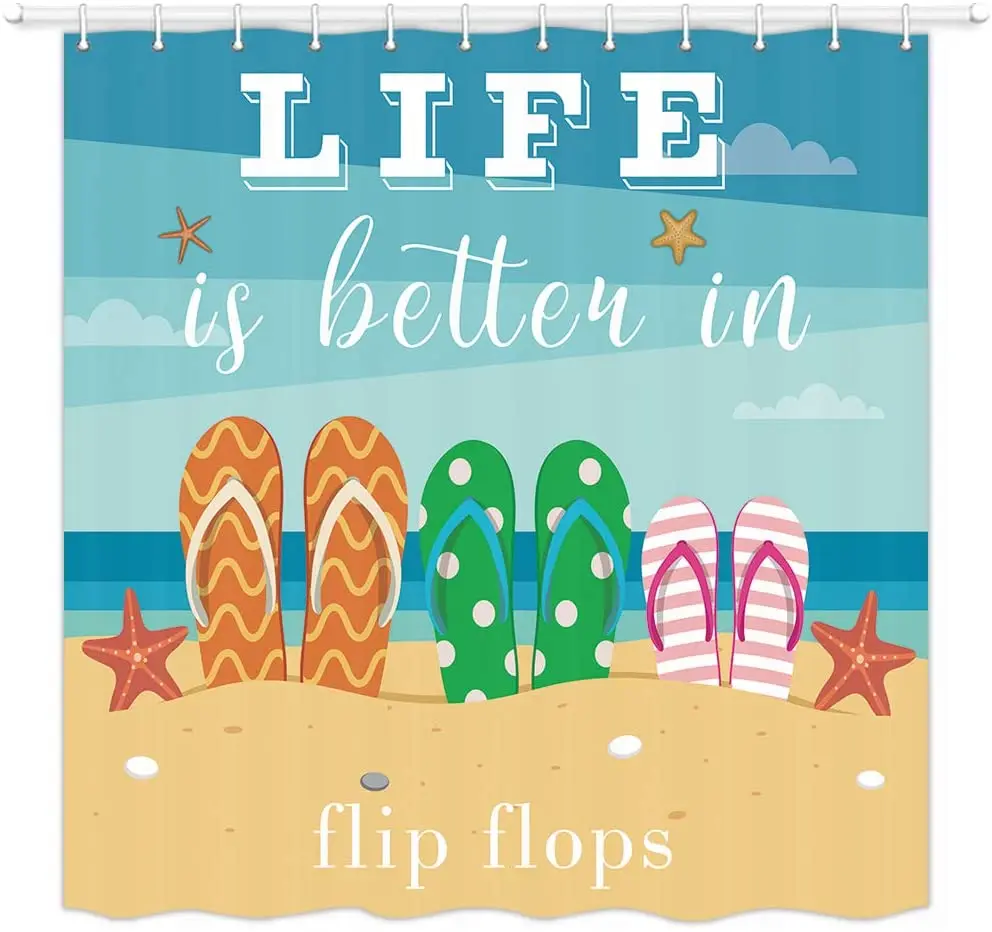 Summer Fabric Shower Curtain Life is Better in Flip Flops Shower Curtain with Hooks Sea Starfish Beach Bathroom Curtains