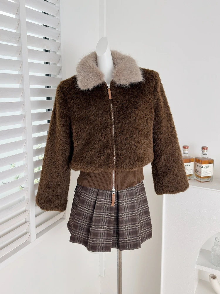 Inverno coreano moda curto falso shearling jaqueta feminina solto ajuste manga longa quente casaco macio gola de pele estilo doce chiques topos