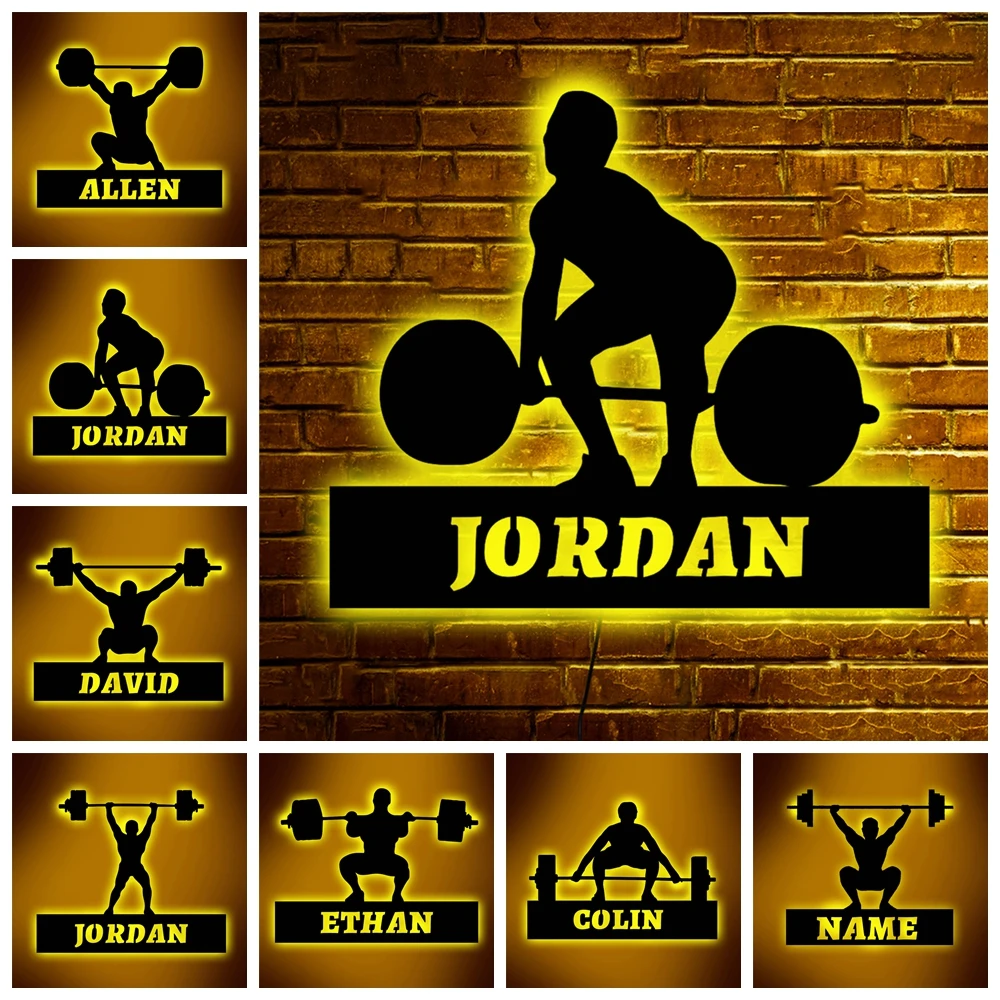 Personalized Men Weightlifting Wall Lamp Night Light Custom Name Wooden Sconces for Gym Exercise Room Decorations 30/40cm