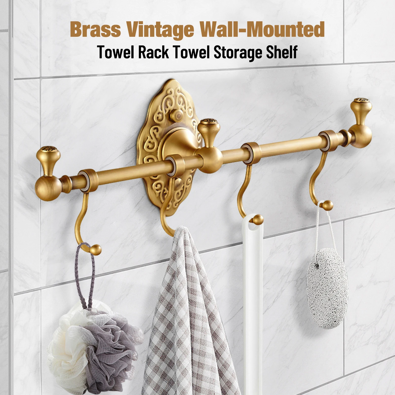 

Wall Mounted Towel Rail Bar w/4 Hooks, Antique Brass Towel Hook Rack, Bathroom Towel Racks, Vintage Coat Hook Rack Holders