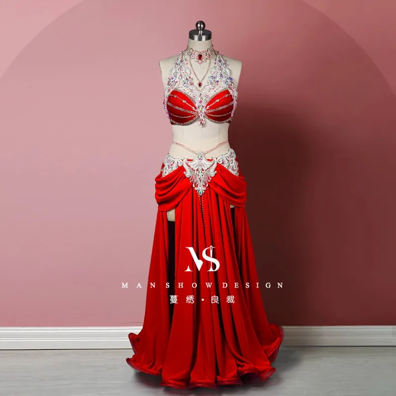 Traje de danza del vientre personalizado para mujer, conjunto de collar que cubre el pecho y falda amplia para grupo de danza.