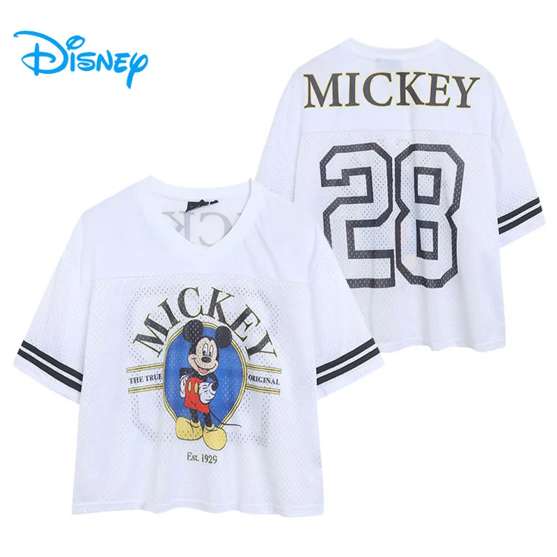 

Быстросохнущая футболка Disney с Микки Маусом, женская повседневная свободная футболка, топ с v-образным вырезом и коротким рукавом, спортивная футболка с героями мультфильмов, дышащая Джерси
