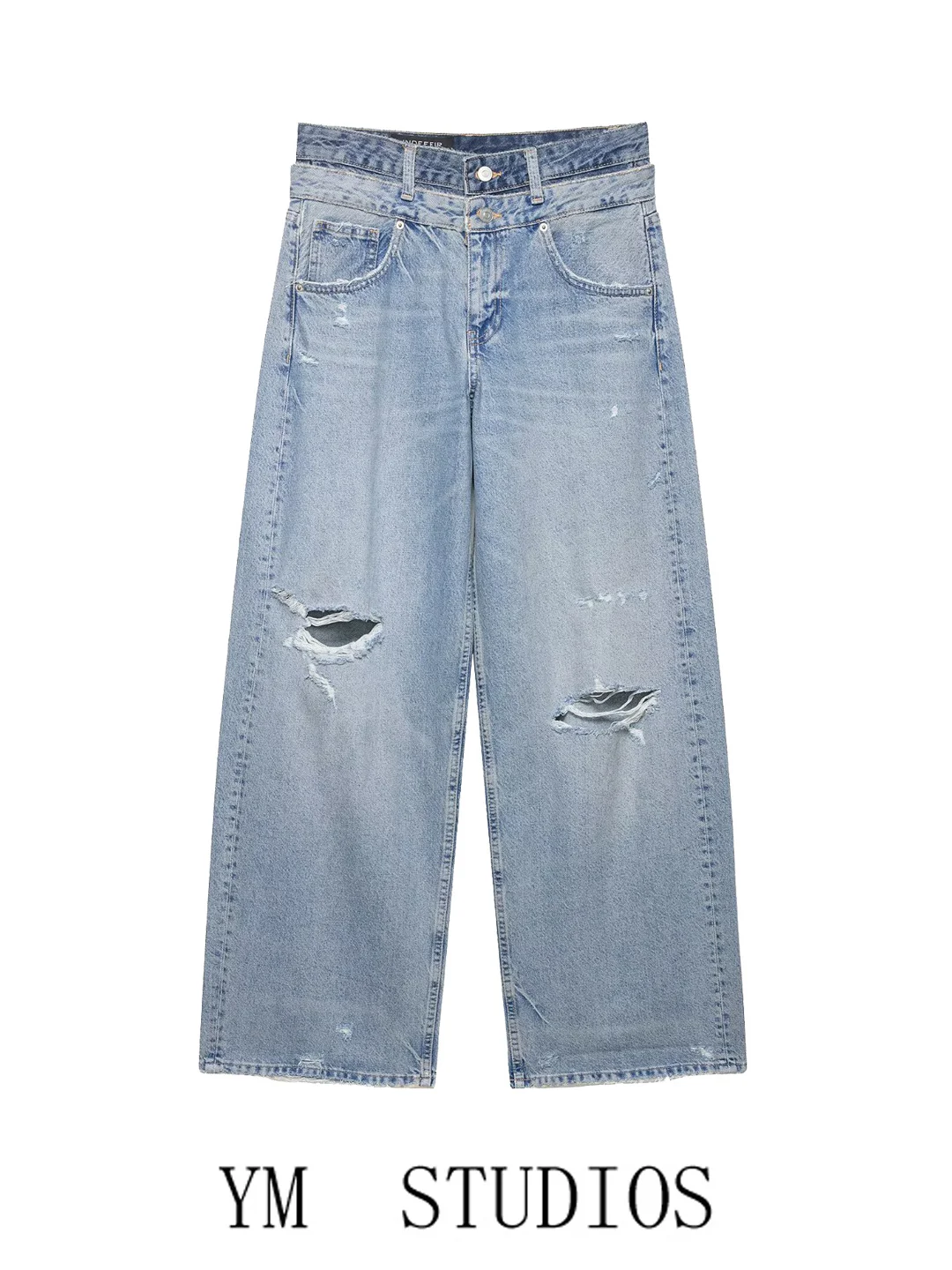 

Women's Street Style Faded Denim Jeans Double Layer Waist Wear Hole Fashion Personality Poor Man's Pants Straight Leg Jeans