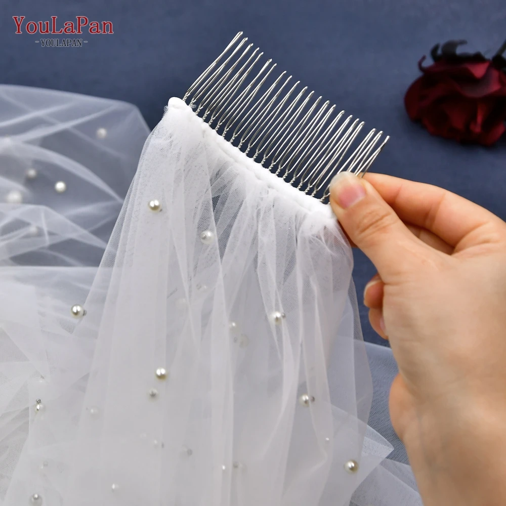 YouLaPan Bridal Veil MIXED PEARL Wedding Veil with Hair Comb 1 Tier Long Pearl Cathedral Wedding Veil High Quality V182