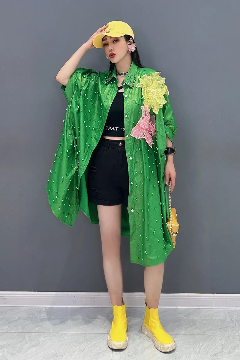 2024 Summer New Long Green Shirt Women Heavy Industry Nail Bead Inlaid Diamond 3D Flower Fashion Leisure Loose Top LX1837