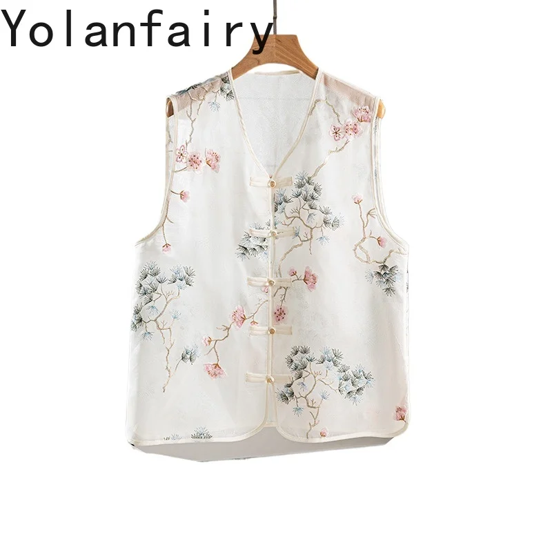 

YOLANFAIRY 100% Mulberry Silk Vest for Woman Chinese-style Summer Thin Outerwear Organza Embroidery Sleeveless Cardigan Vest Top