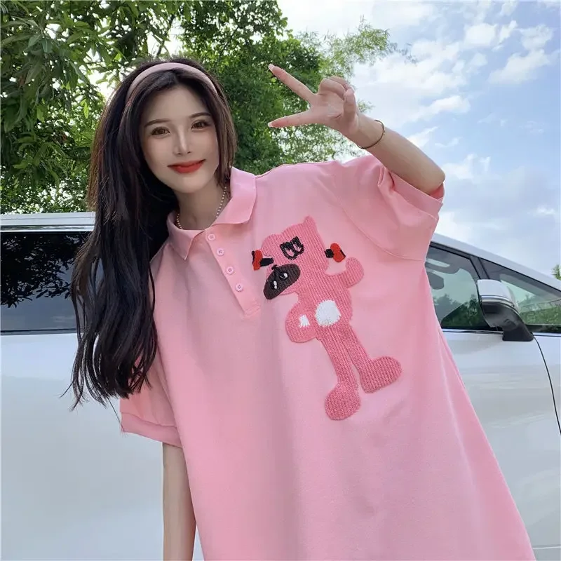 DAYIFUN-Pink Short Sleeve T-shirts Women Sweet Colored Cartoon Embroidery Lapel Tshirts Ladies' Loose Tops Summer New 2024 Tees