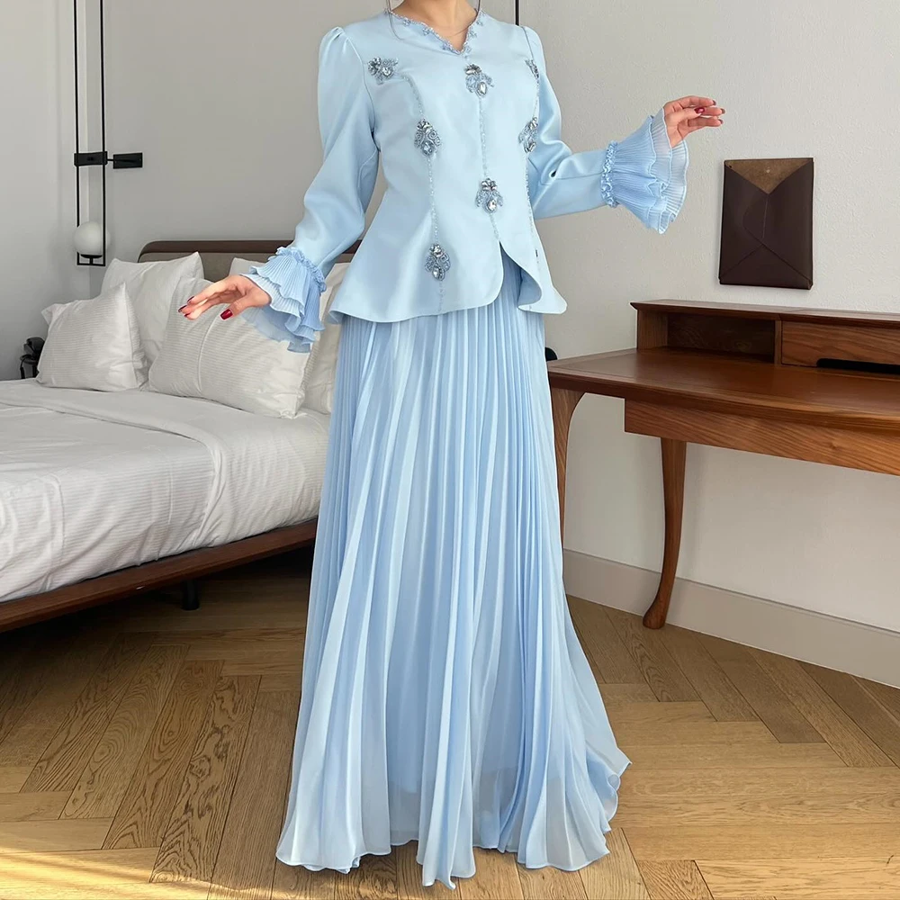 

Вечерние платья трапециевидной формы по индивидуальному заказу, длиной до пола, с v-образным вырезом и длинными рукавами, платье для выпускного вечера, модное простое драпированное вечернее платье с кристаллами и бисером