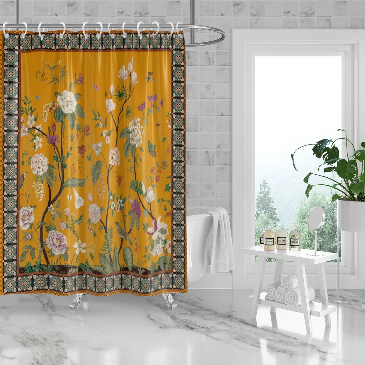 1 piece of 180x180cm yellow retro floral pattern printed shower curtain partition, bathroom waterproof and mildew proof