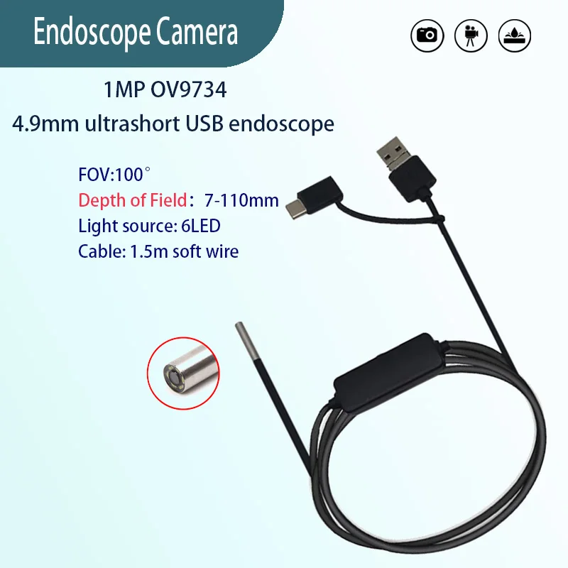 

1MP 4.9mm 100°wide angle Industrial endoscope probe pipeline detection 1.5m USB Soft wire HD Industrial endoscope