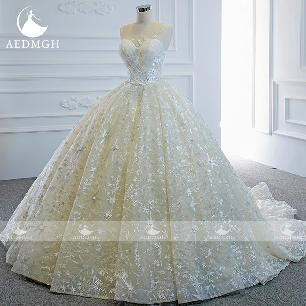 Aedmgh Ball Gown Abiti da sposa vintage O-Collo senza maniche Vestido De Novia Pizzo lucido Corte dei treni Abito da sposa su misura