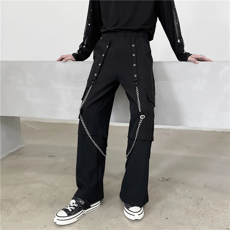 

k Ins Trendy Men's Loose Casual Pants Functional Sle Wide Leg Trousers Metal Chain GD Straight Workwear Trousers
