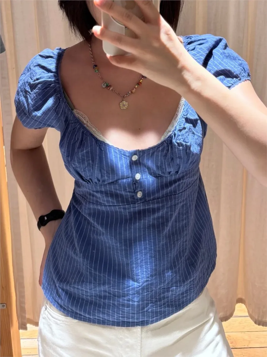 Blue Striped Blouse T-shirts Women Casual Simple Cotton Lace Trim V-neck Button Crop Tops Sweet Cute Preppy Style Tees Clothes