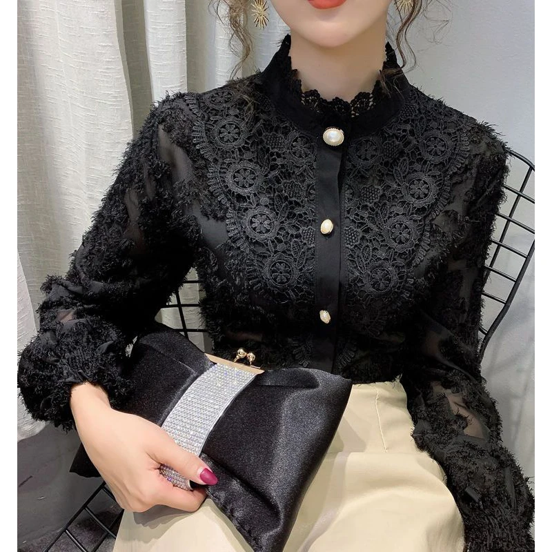 Women Korean Fashion Sexy Lace Beaded Button Shirts Vintage Elegant Stand Collar Blouse Black White Long Sleeve Slim Tops Blusas