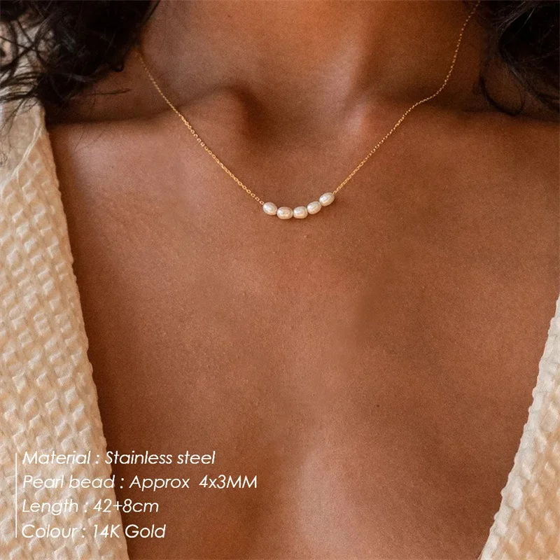 Hiraeva 5 Create Pearl Choker Necklace Stainless Steel Necklace for Women 5 Pearls Gold Color Wedding Bride Jewelry