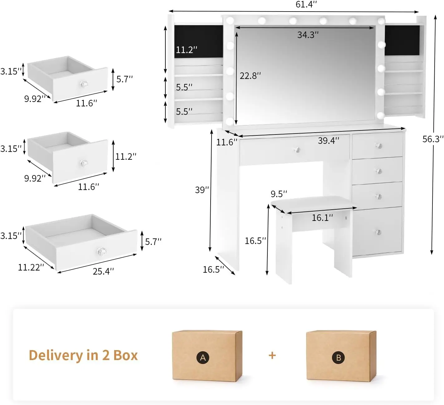 Makeup Vanity Desk w/ Lighted Mirror & Power Outlet, 3 Color Modes, Vanity Table with Drawer,Sliding Shelves for Bedroom (White)