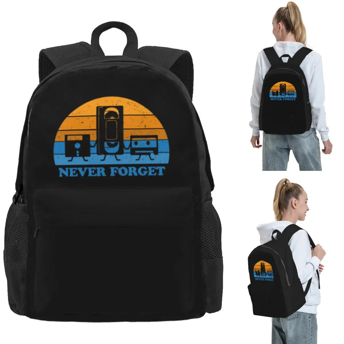 Never Forget - Floppy Disk Cassette VHS Tape Rucksack Tagesrucksack Jungen Mädchen Büchertasche Schultasche Umhängetaschen für Männer Frauen