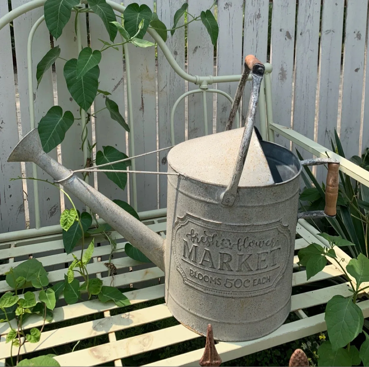 Vintage Distressed Metal Watering Can, Fresh Flower Market Embossed Design, Galvanized Steel, Rustic Farmhouse Style