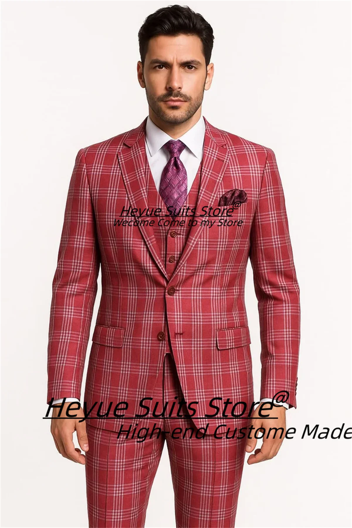 

Business Plaid Men Suits Customized Slim Fit Notched Lapel Groom Wedding Tuxedos 3 Pieces Sets Male Prom Blazers Costume Homme