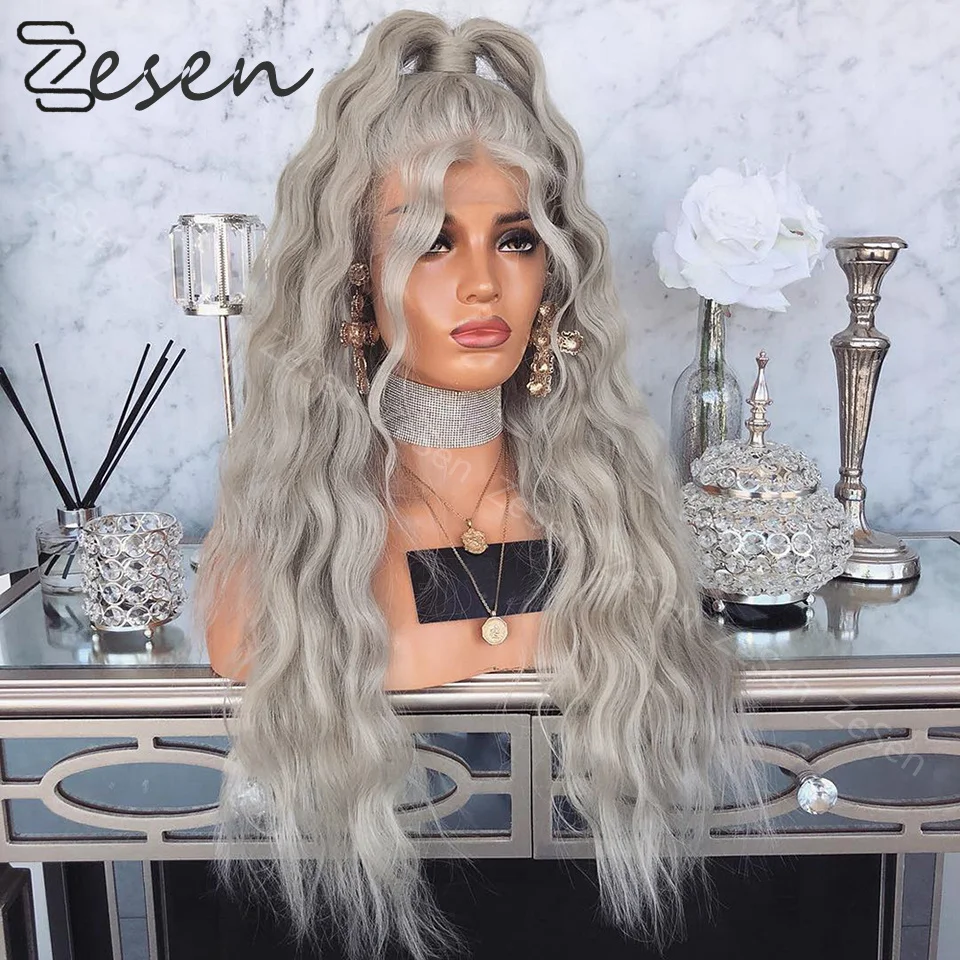 

Long Natural Wave Curly Long Synthetic Wigs Silver Gray For Women Fake Hair Heat Resistant Daily Wear Cosplay Grey Wavy Wig