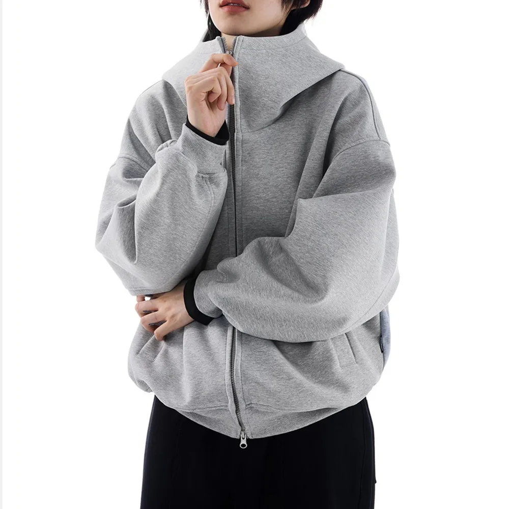 

American Style Grey Hooded Pullover Women's Loose Fleece Cardigan Hoodies Women Zip Up Hoodie Winter Clothes Women