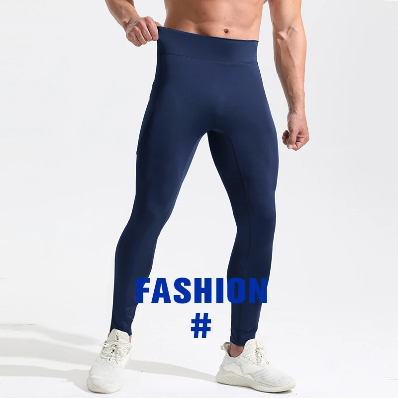 Compression Leggings Sports Tights Pocket High Waist Fitness Pants Men's Breathable High Elastic Nude Feeling Seamless Pants