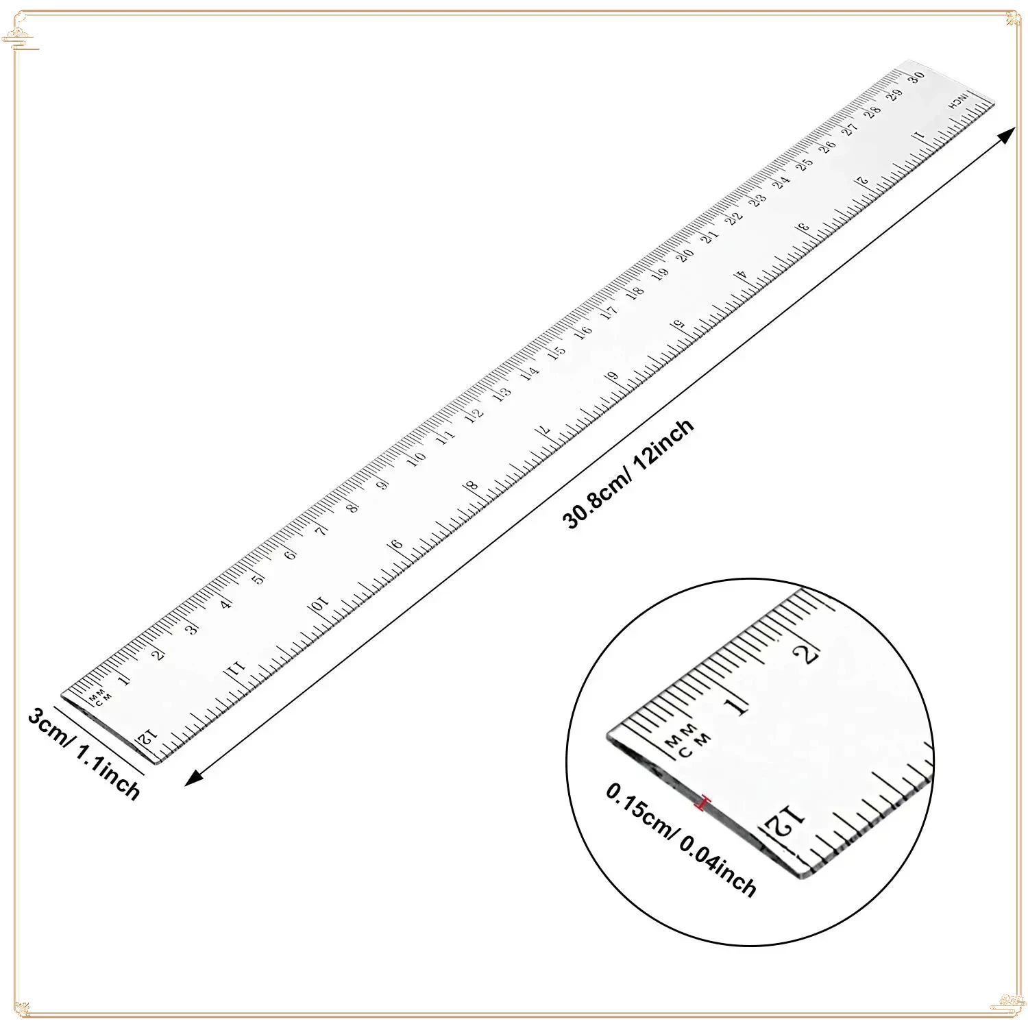 柔軟な12インチ定規、20個パック、学校の生徒やオフィス作業用の透明プラスチック、インチ/メートル測定ツール、飛散防止