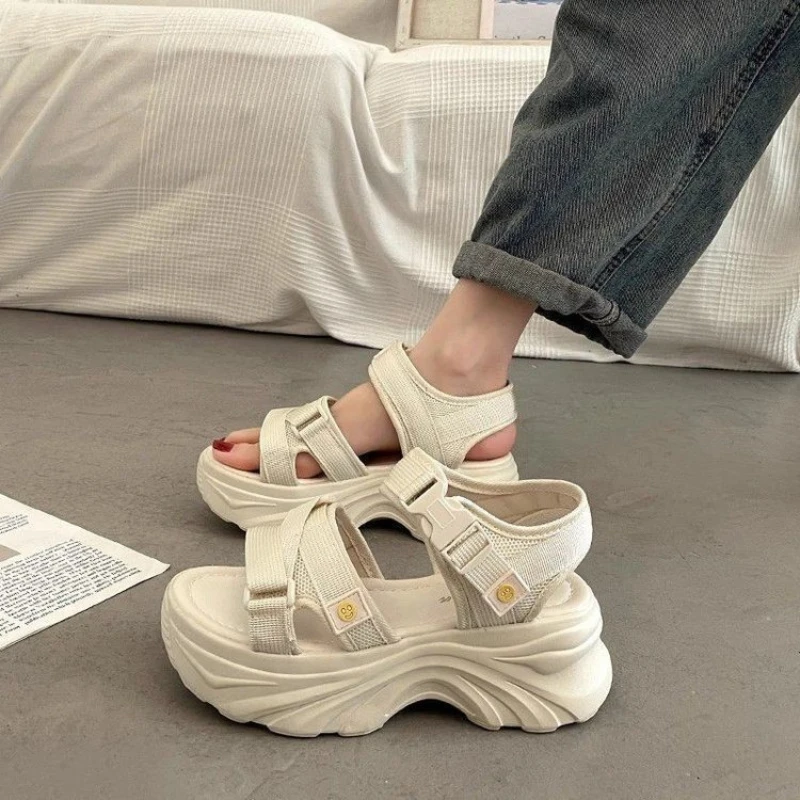 Damen Outdoor-Sandalen mit Dicker Sohle, Sommer-Freizeitschuhe, Wanderschuhe mit Druckknopfverschluss, Canvas-Sandalen Sneakers