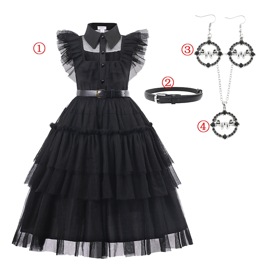 Halloween Costumes Wedns day Merlina Addams Dresses For Girls A-line Skirts Bat Ball Gown Dress Carnival Party Clothing For Kids