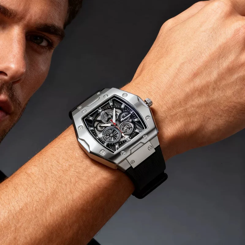 

Новые модные роскошные мужские часы Tonneau с полым корпусом, имитация механических, военные спортивные кварцевые часы с силиконовым ремешком, Reloj Hombre