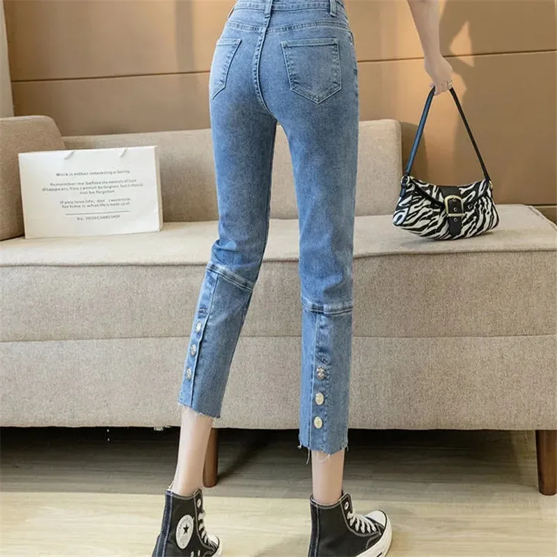 2023 Spring Elastic High Waist Denim Trousers Temperament Korea Fashion New Nine Points Straight Leg Pants Women's Jeans Wild