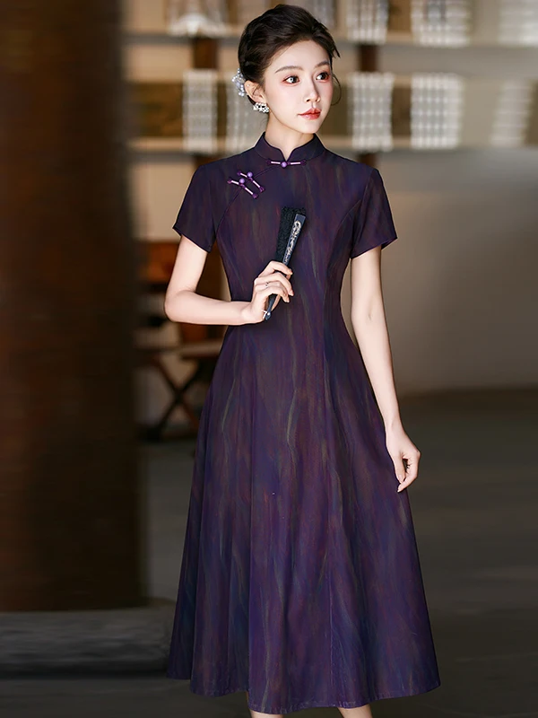 

Молодежное винтажное фиолетовое длинное ципао с коротким рукавом, однослойное, удобное, дышащее, для повседневной носки, в китайском стиле, для мам